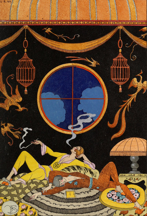 La Paresse [Laziness] by George Barbier — Two loungers in yellow and rust pyjamas, one smoking, one asleep