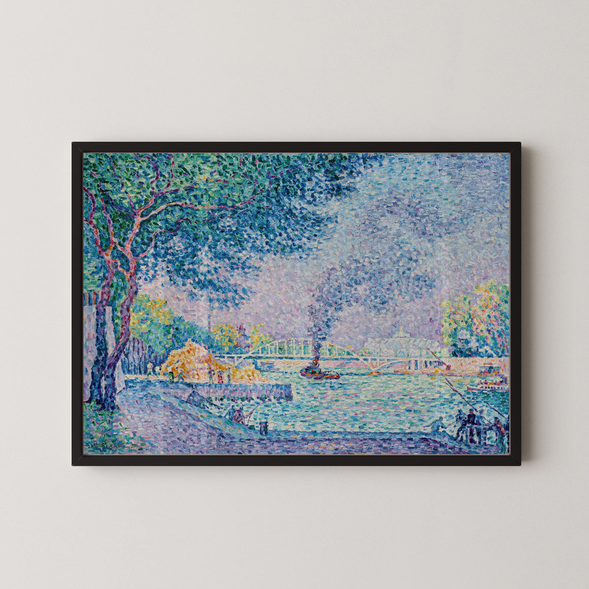 Framed art print of La Passerelle Debilly by Paul Signac, in a black frame on a pale wall