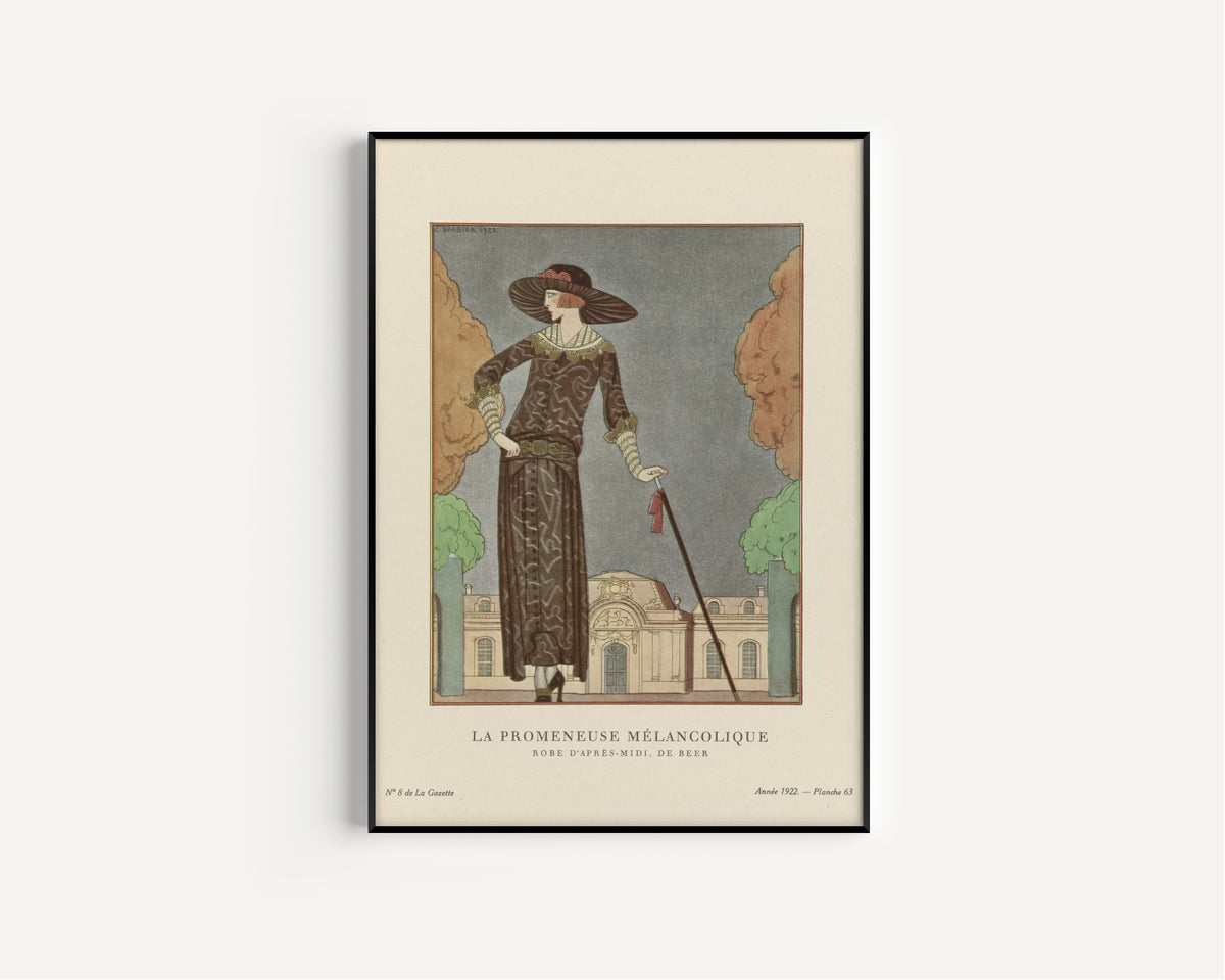 George Barbier — La Promeneuse mélancolique, robe d'après-midi de Beer | Art Deco Fashion Print