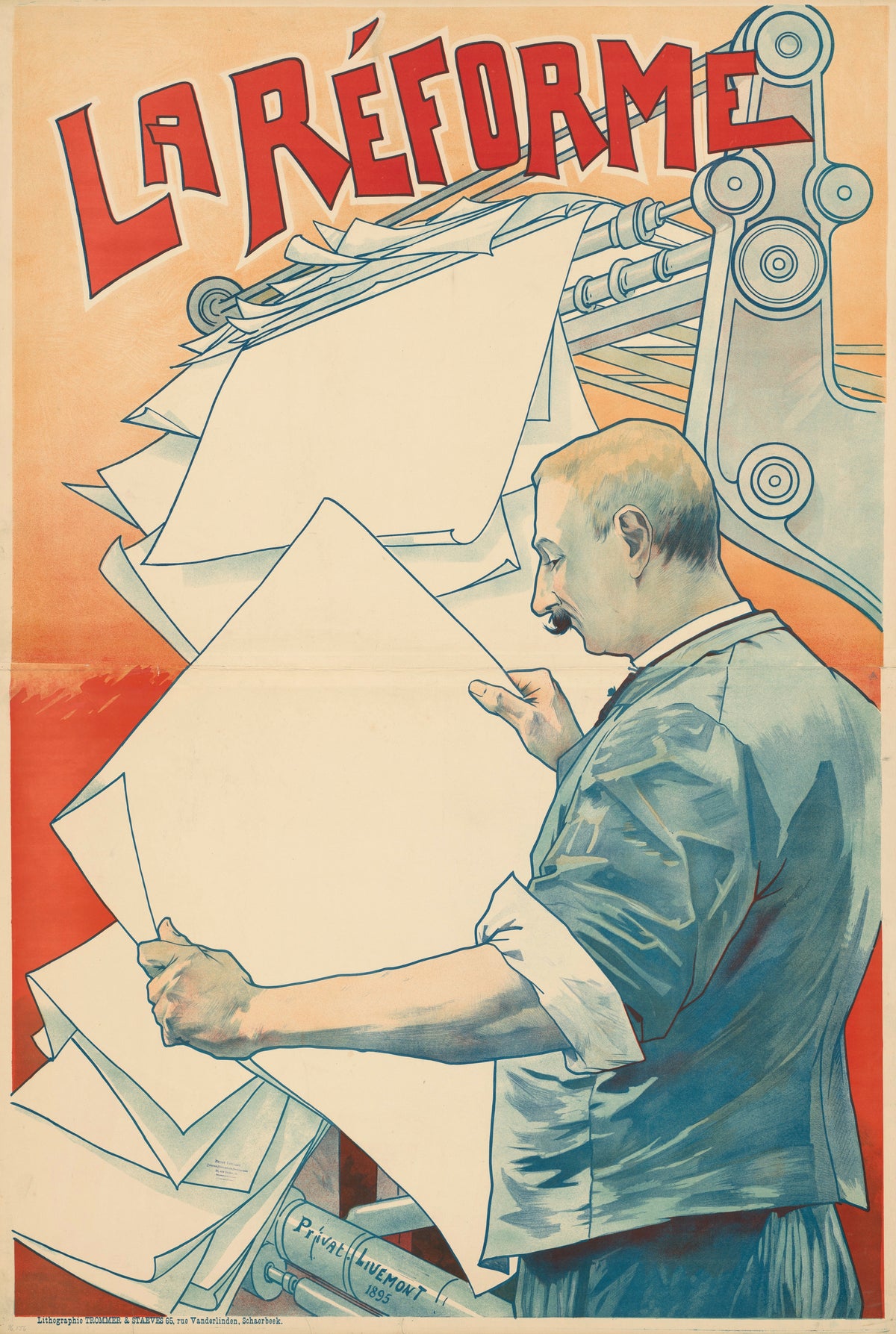 La Réforme by Henri Privat-Livemont — A pressman holds up a vast blank sheet by the press