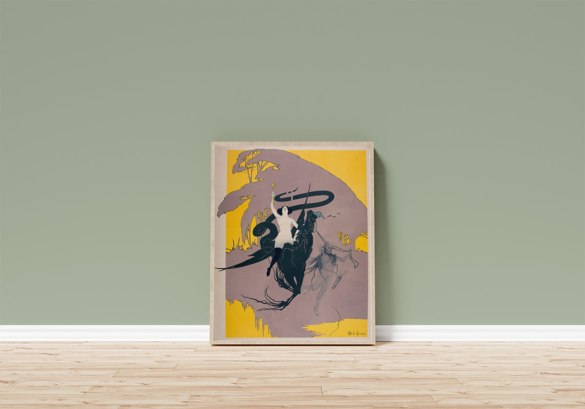 Framed art print of La Reine de la nuit by Georges de Feure, in a light wood frame leaning on a sage green wall above a wooden floor