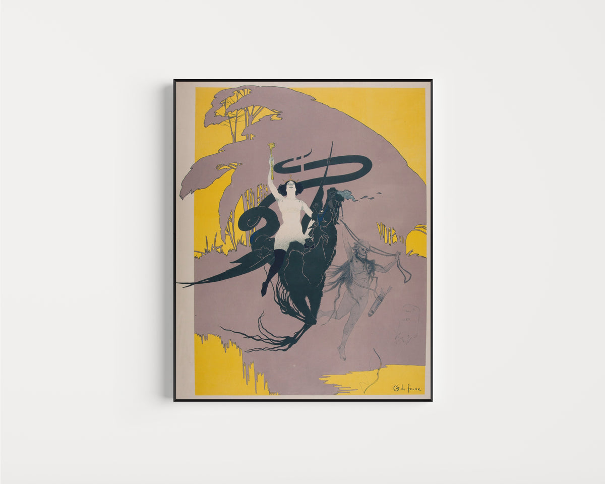 Framed art print of La Reine de la nuit by Georges de Feure, in a slim black frame on a plain white wall