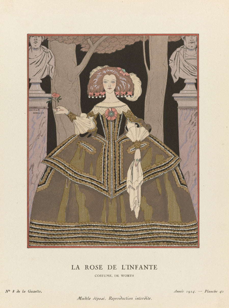 George Barbier — La Rose de l'Infante, costume de Worth | Art Deco Fashion Print shown to scale on a wall above a sofa