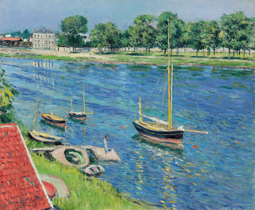La Seine à Argenteuil, bateaux au mouillage by Gustave Caillebotte — Sailboats at anchor on a bright blue river beside a red tiled roof