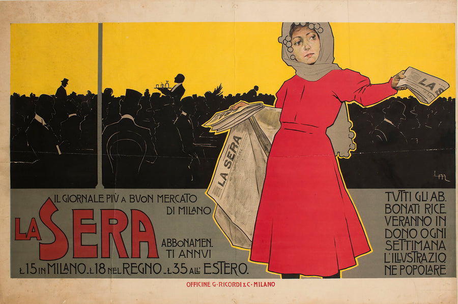 Leopoldo Metlicovitz — La Sera | Vintage Poster Print shown to scale on a wall above a sofa
