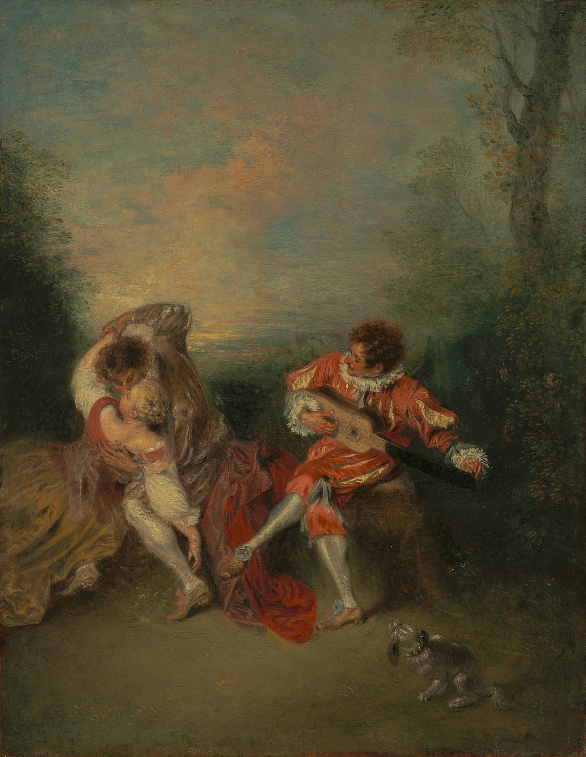 La Surprise by Jean-Antoine Watteau — A guitarist in red glances at a kissing couple on a garden bank