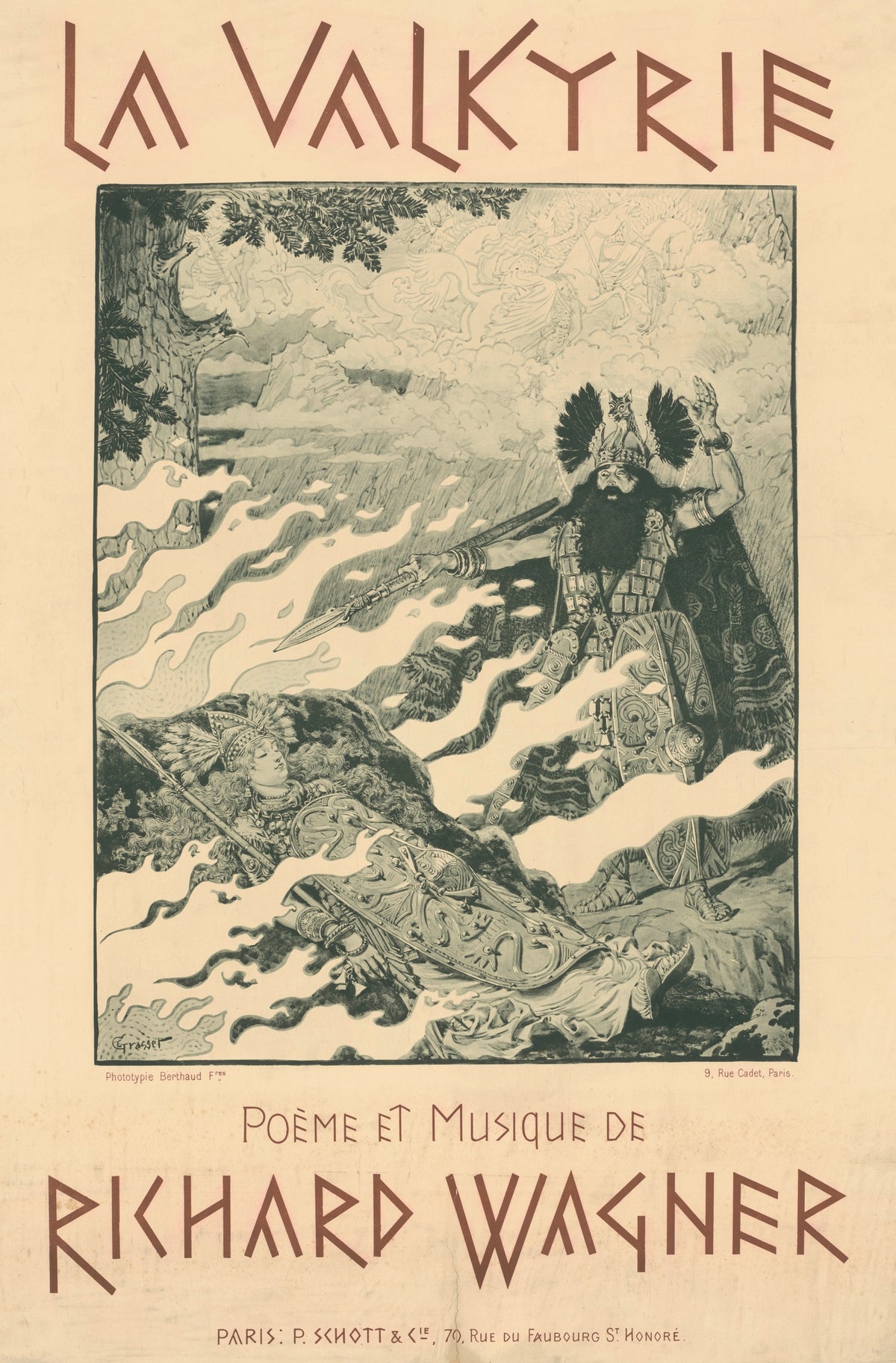 La Valkyrie. Poème et Musique de Richard Wagner by Eugène Grasset — A bearded warrior rouses a sleeper ringed by white flames