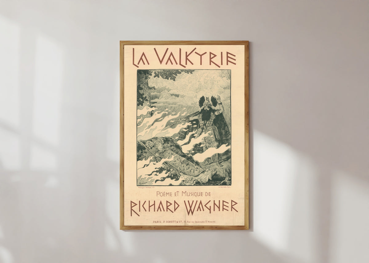 Framed art print of La Valkyrie. Poème et Musique de Richard Wagner by Eugène Grasset, in a light wood frame on a sunlit white wall