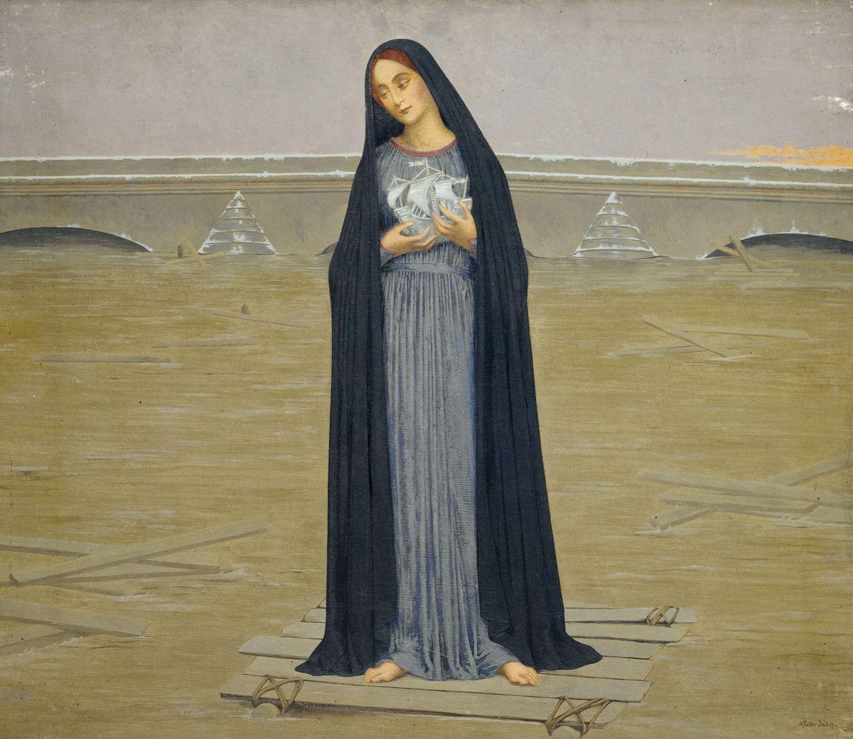 La Ville inondée by Alexandre Séon — A cloaked woman cradles a silver ship on a raft over floodwater