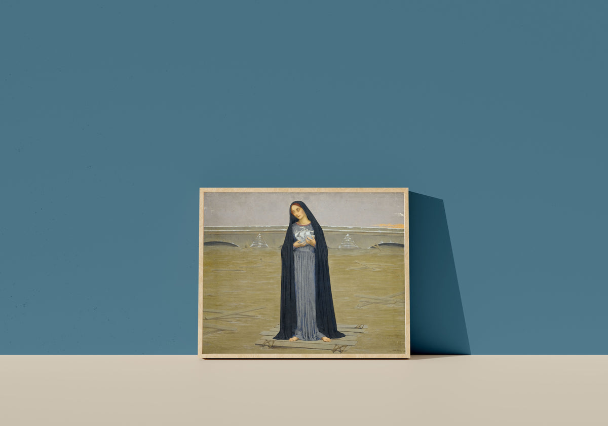 Framed art print of La Ville inondée by Alexandre Séon, in a light wood frame leaning on a blue wall