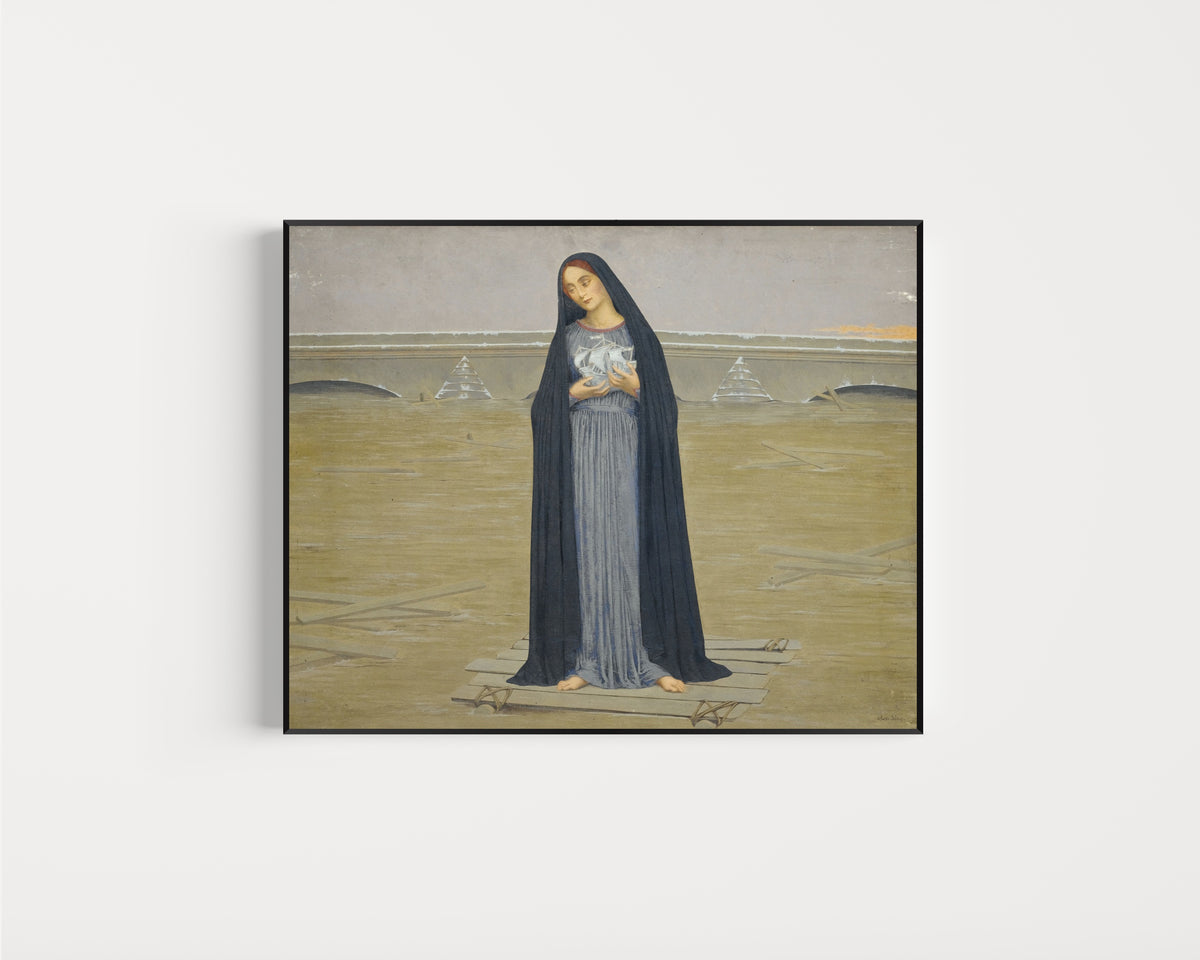 Framed art print of La Ville inondée by Alexandre Séon, in a slim black frame on a plain white wall
