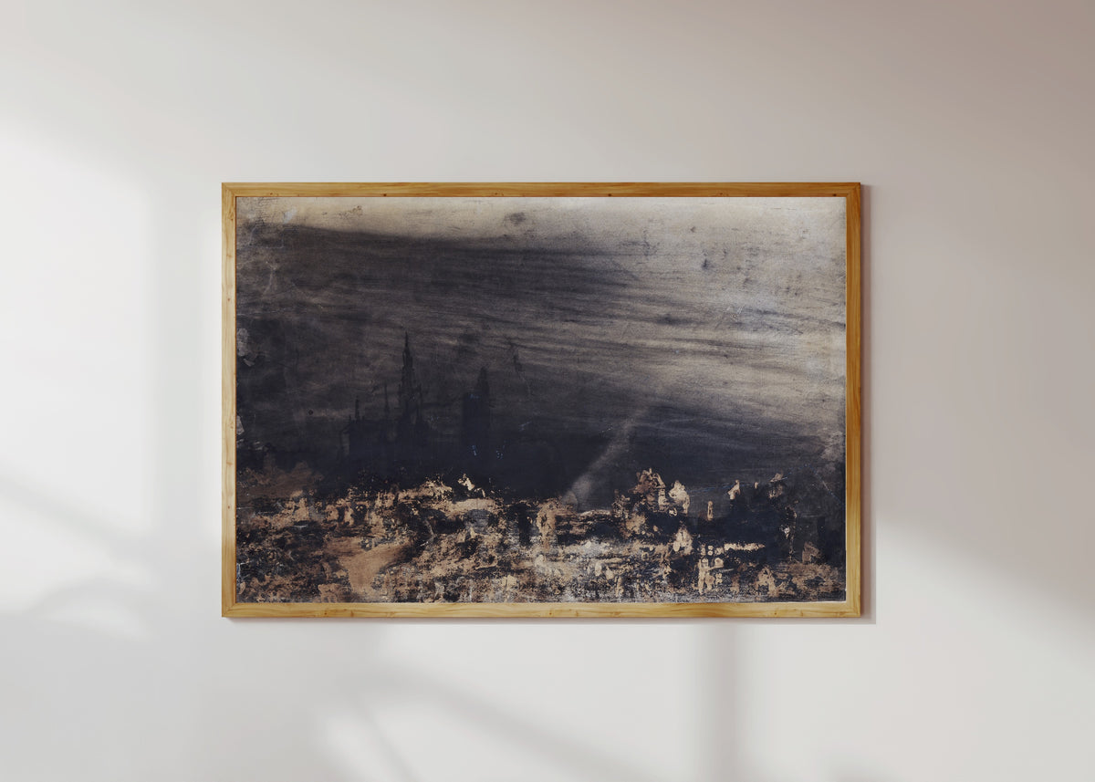 Framed art print of La Ville morte (The Dead City) by Victor Hugo, in a light wood frame on a sunlit white wall