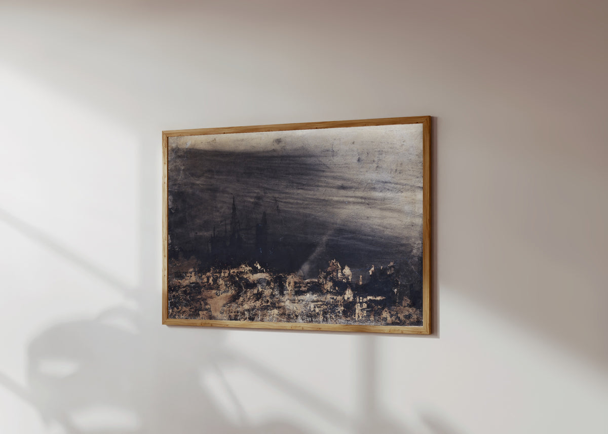 Framed art print of La Ville morte (The Dead City) by Victor Hugo, in a light wood frame on a sunlit white wall, seen at a slight angle