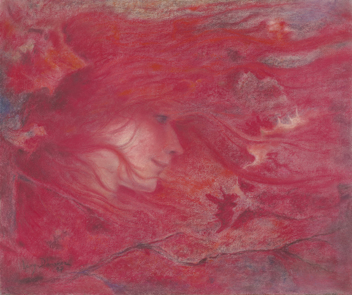 La bourrasque by Lucien Lévy-Dhurmer — A smiling face in profile dissolves into a gust of crimson hair