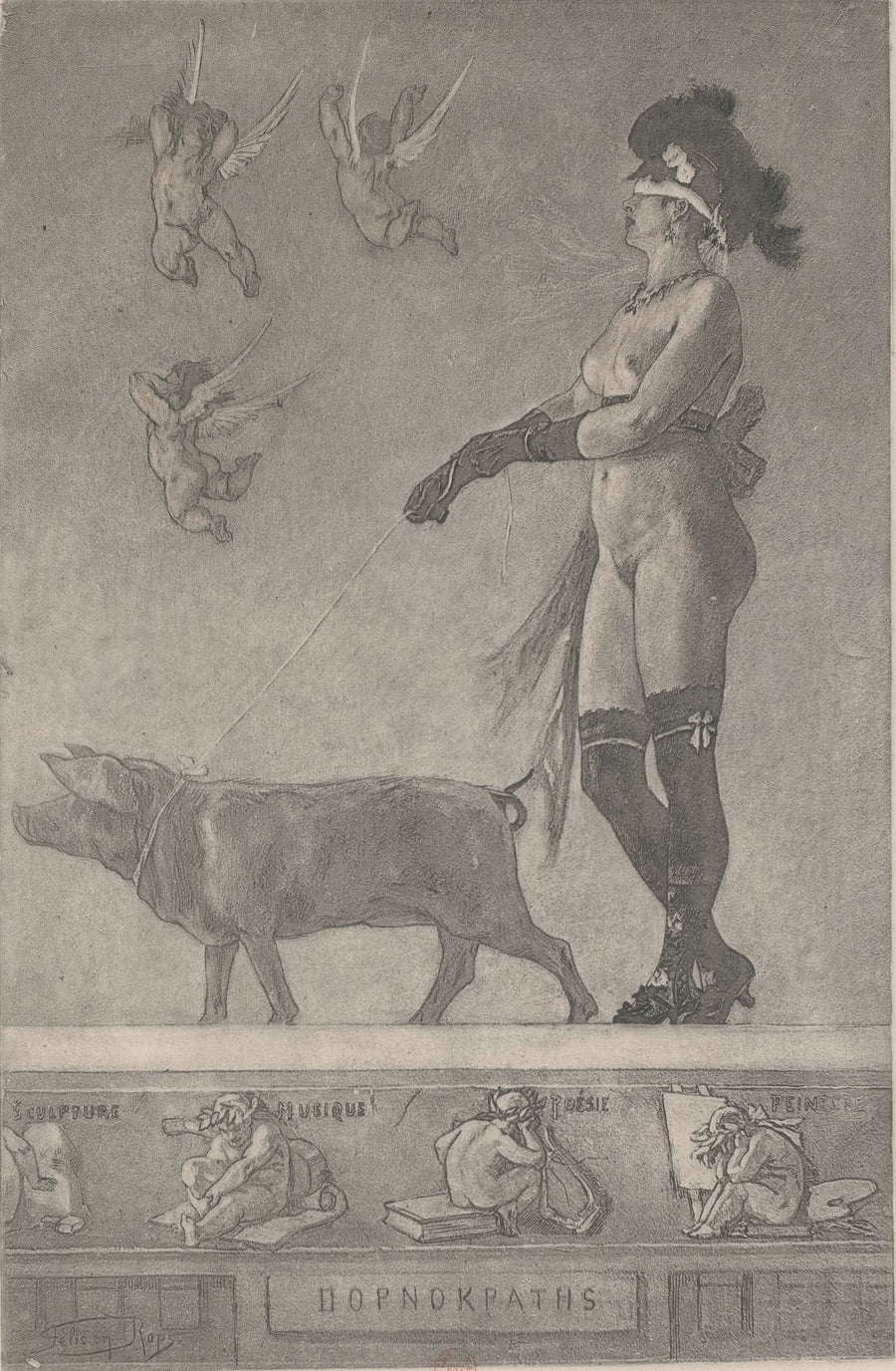 Félicien Rops — La dame au cochon (2nd state) | Etching Print shown to scale on a wall above a sofa