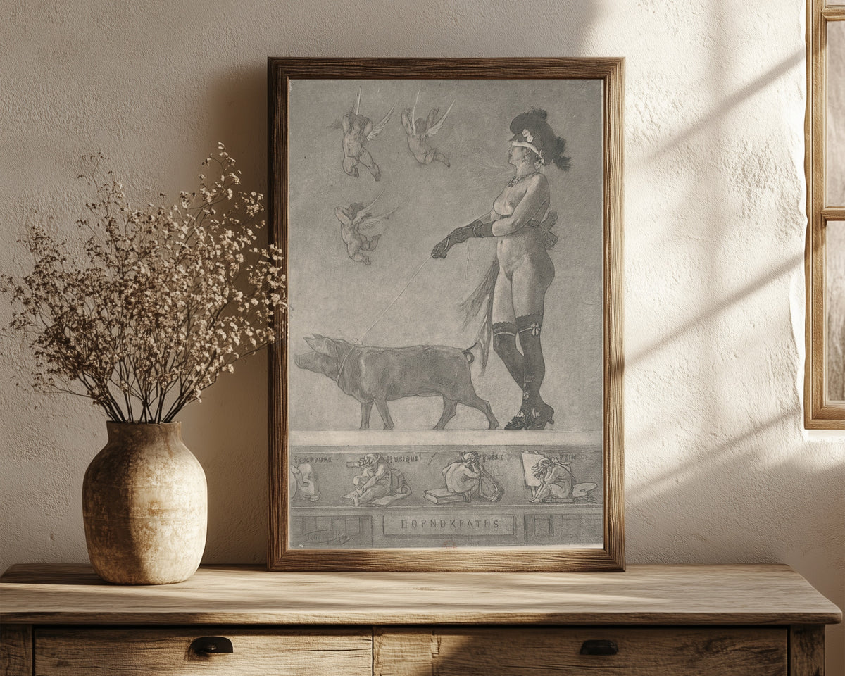 Framed art print of La dame au cochon (2nd state) by Félicien Rops, in a dark wood frame leaning on a rustic console beside dried flowers