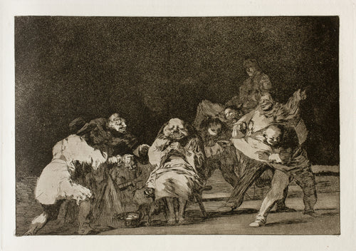 La lealtad (Loyalty), from Los Disparates by Francisco de Goya — Grinning men point and jeer at a hooded figure with eyes closed