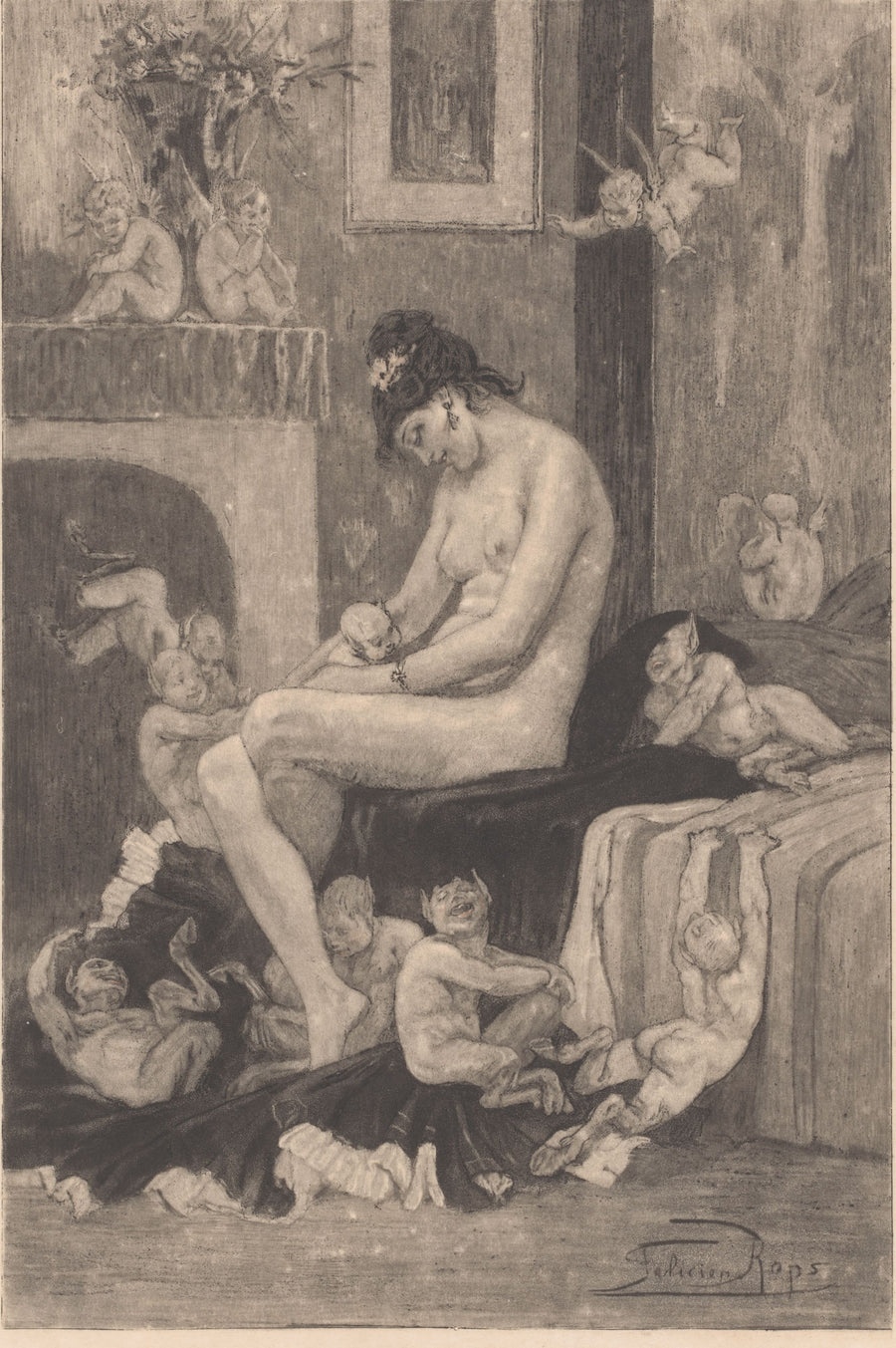 Félicien Rops — La mère aux Satyrions | Etching Print shown to scale on a wall above a sofa