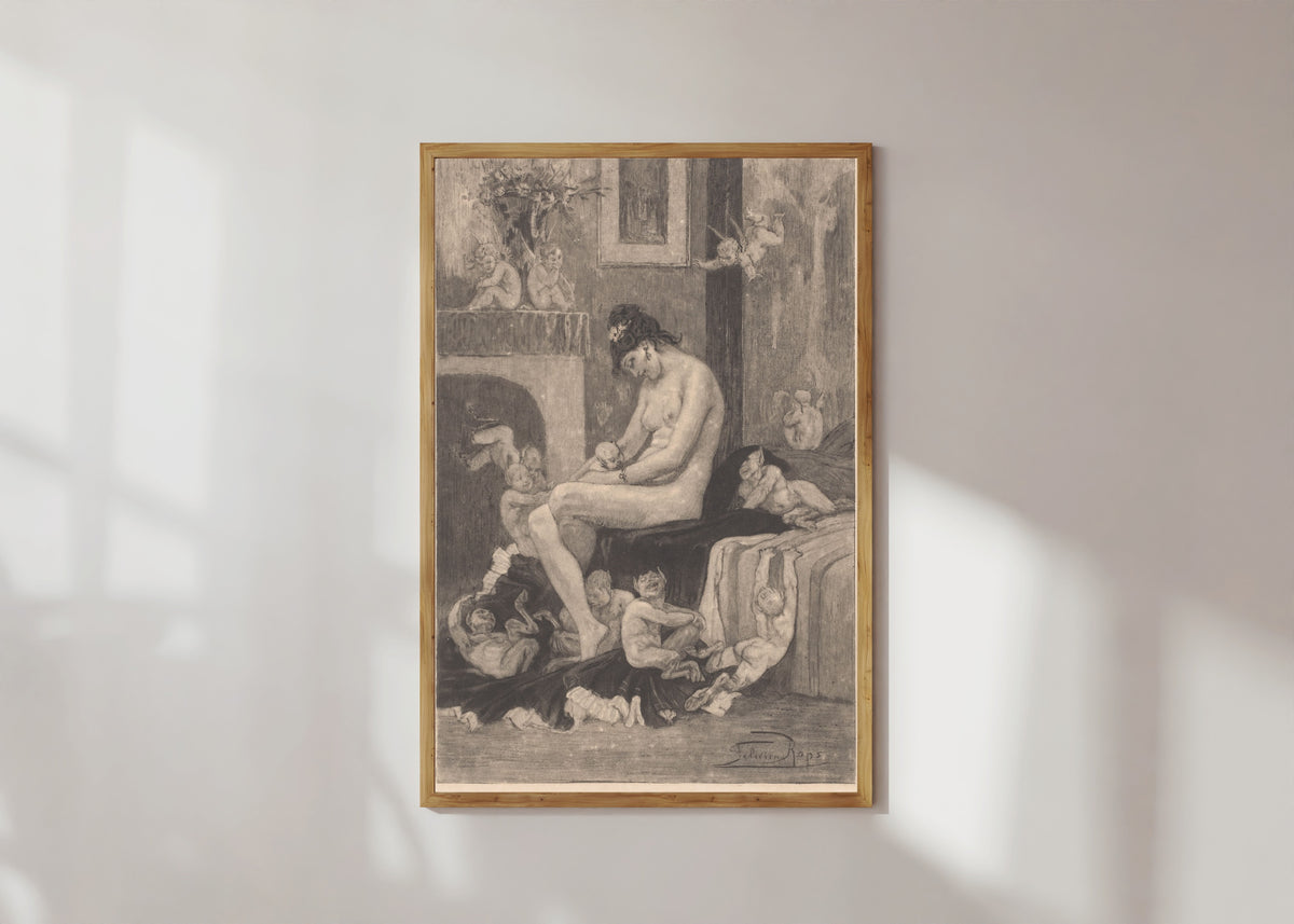 Framed art print of La mère aux Satyrions by Félicien Rops, in a light wood frame on a sunlit white wall
