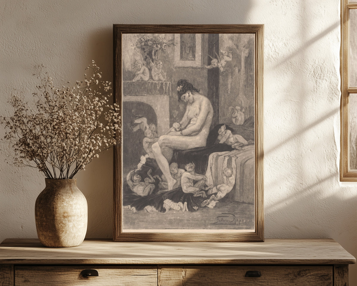 Framed art print of La mère aux Satyrions by Félicien Rops, in a dark wood frame leaning on a rustic console beside dried flowers