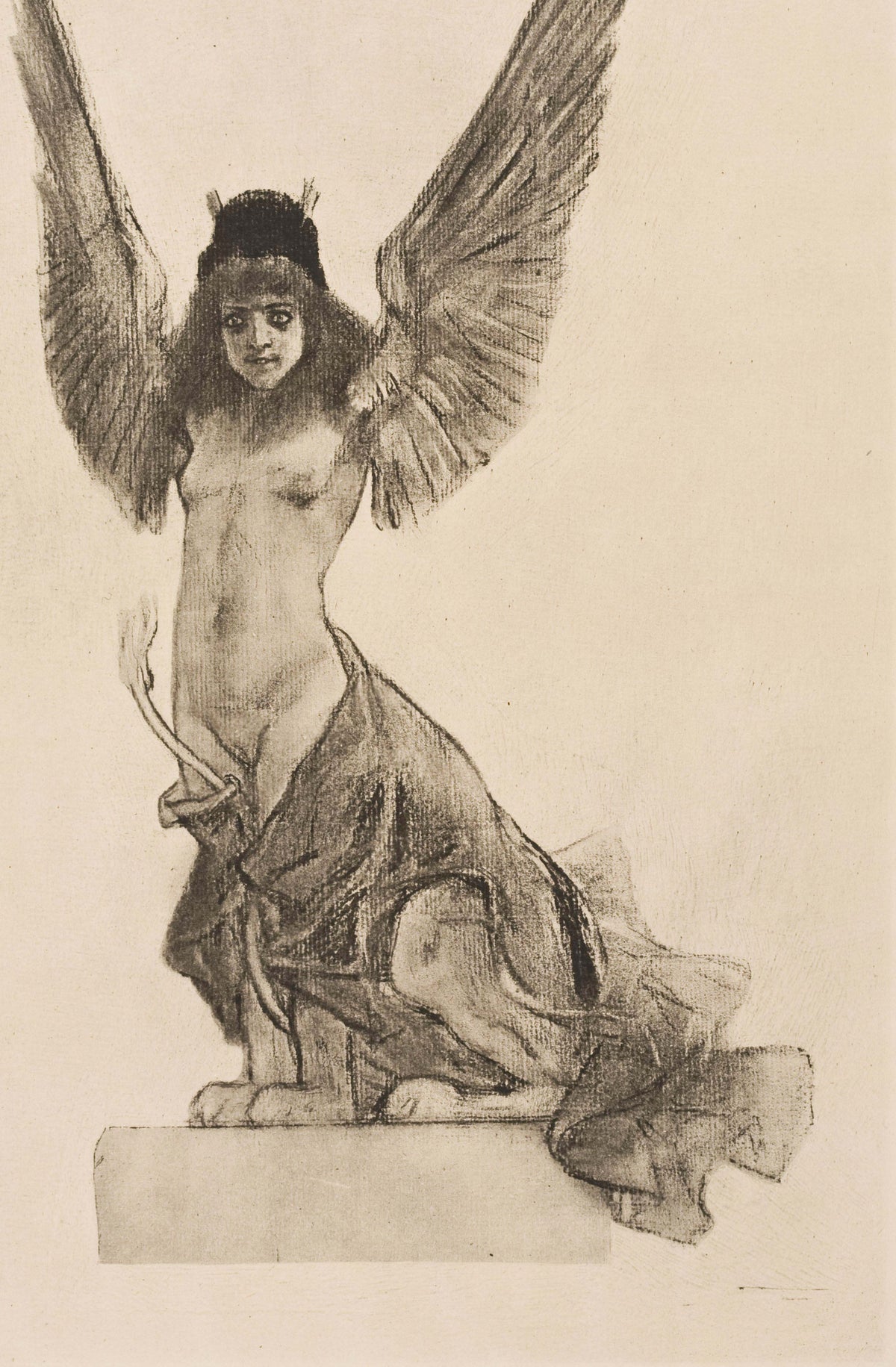La sphynge ou Parallèlement by Félicien Rops — A winged sphinx-woman spreads her wings above a stone plinth