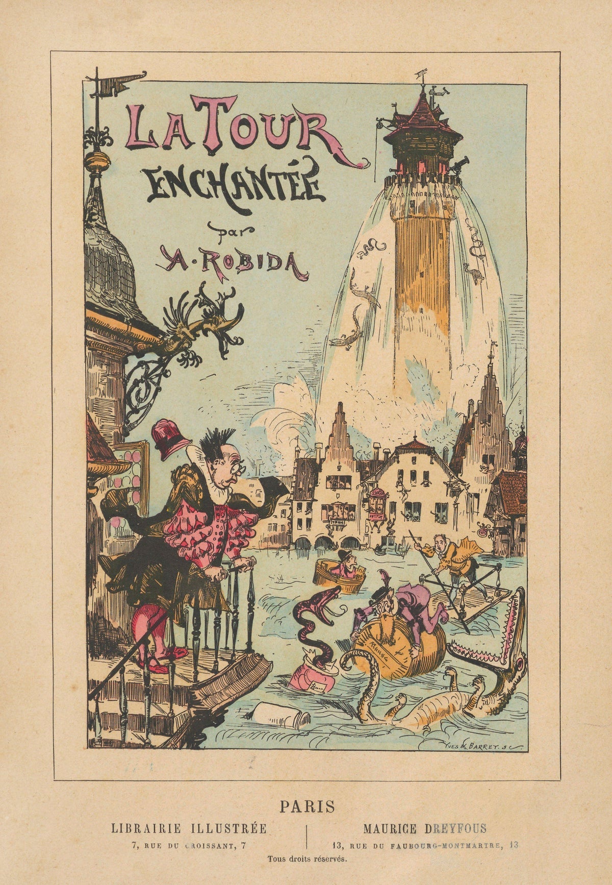 La tour enchantée- Titlepage by Albert Robida — A flooded town beneath a tower spouting water