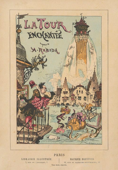 La tour enchantée- Titlepage by Albert Robida — A flooded town beneath a tower spouting water