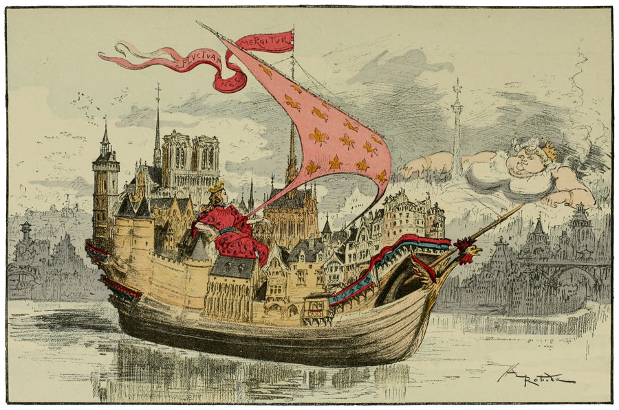 Albert Robida — La vieille Lutèce et la nouvelle | Vintage Illustration Print shown to scale on a wall above a sofa