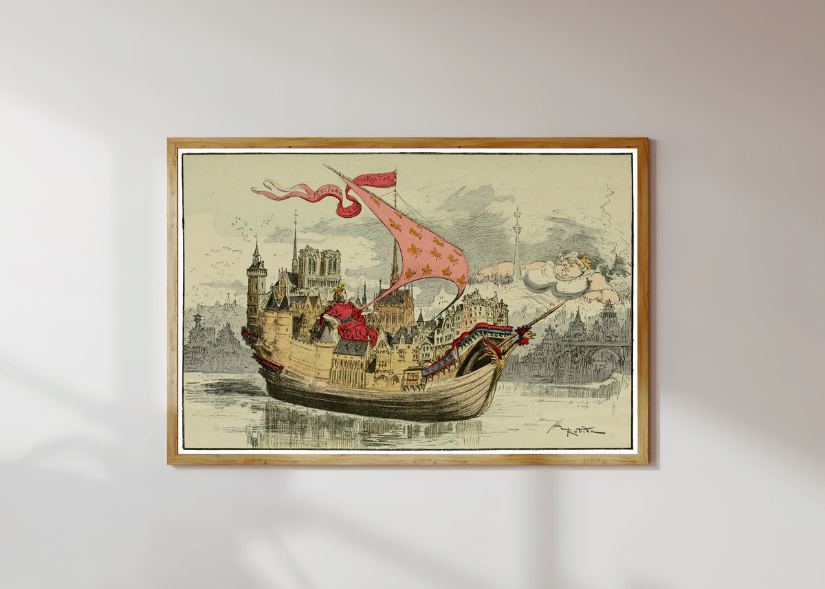 Framed art print of La vieille Lutèce et la nouvelle by Albert Robida, in a light wood frame on a sunlit white wall