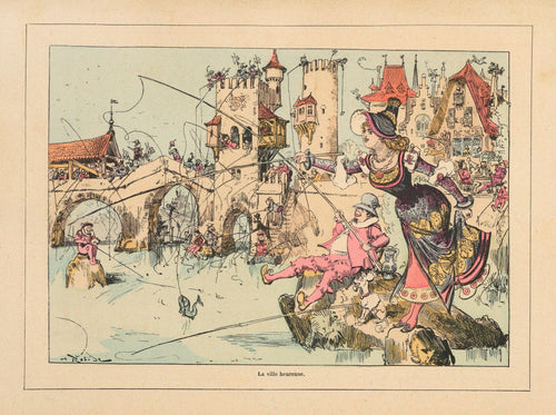 La ville heureuse by Albert Robida — Townsfolk fish from every bridge arch and tower window