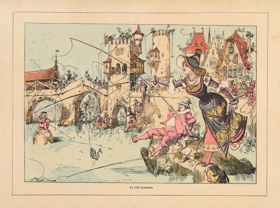 Albert Robida — La ville heureuse | Vintage Illustration Print shown to scale on a wall above a sofa