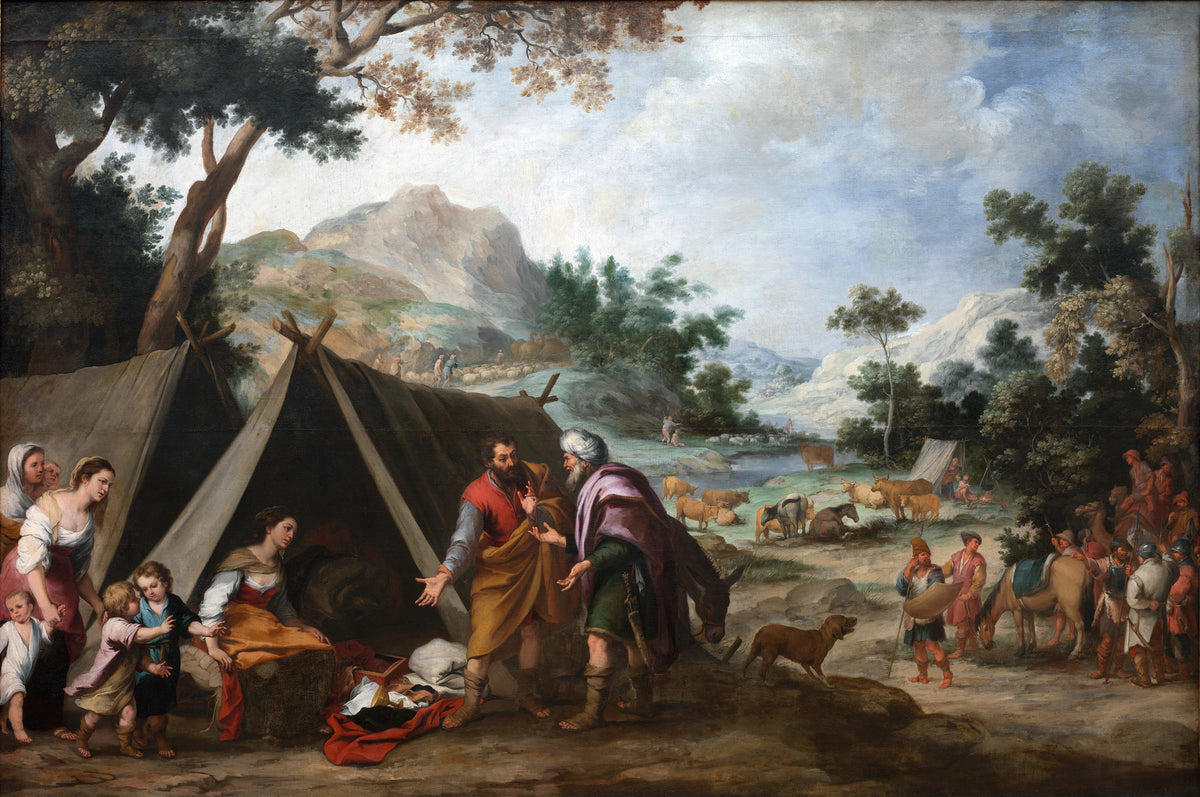Laban Searching for His Stolen Household Gods by Bartolomé Esteban Murillo — Two men in debate before a tent, with herds and riders beyond