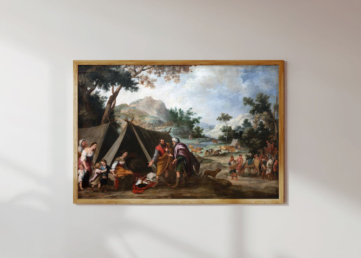Framed art print of Laban Searching for His Stolen Household Gods by Bartolomé Esteban Murillo, in a light wood frame on a sunlit white wall