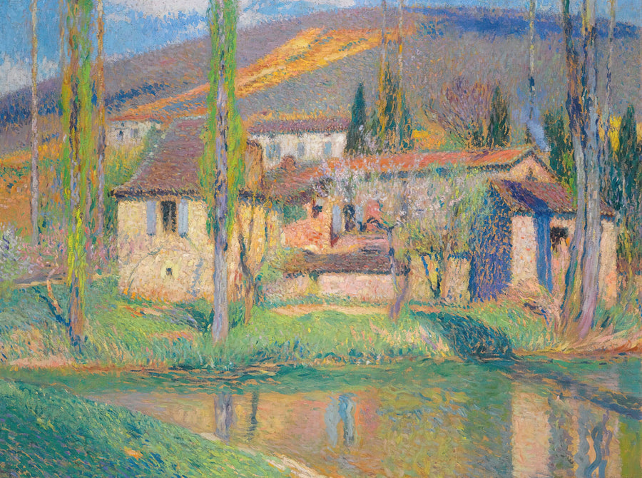 Henri Martin — Labastide-du-Vert (Houses Reflected in the River) | Pointillist Landscape Print shown to scale on a wall above a sofa