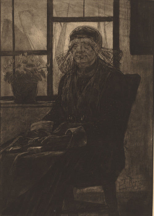 Lace appraiser (L'Experte en Dentelles) by Félicien Rops — An old woman in a lace cap sits by a window in deep shadow