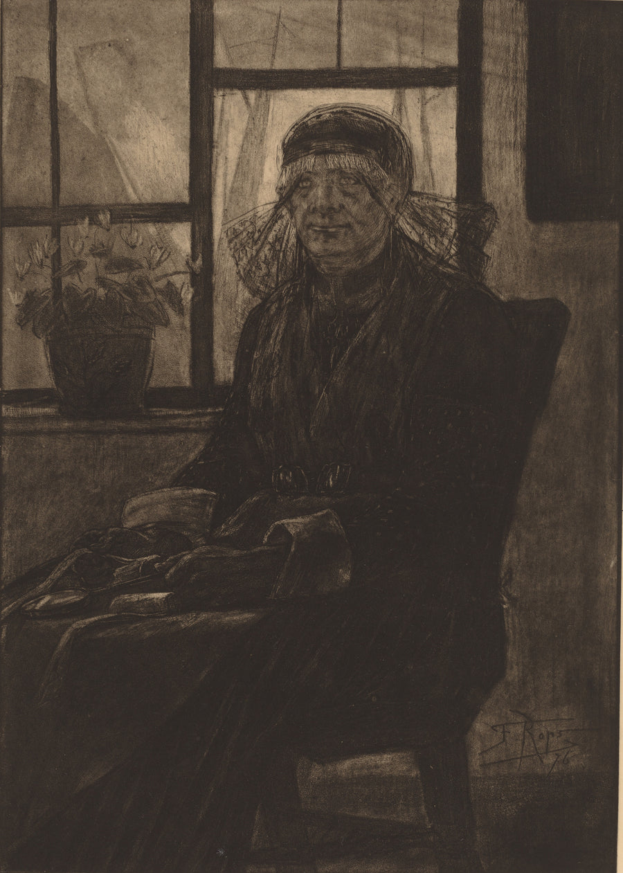 Félicien Rops — Lace appraiser (L'Experte en Dentelles) | Etching Print shown to scale on a wall above a sofa