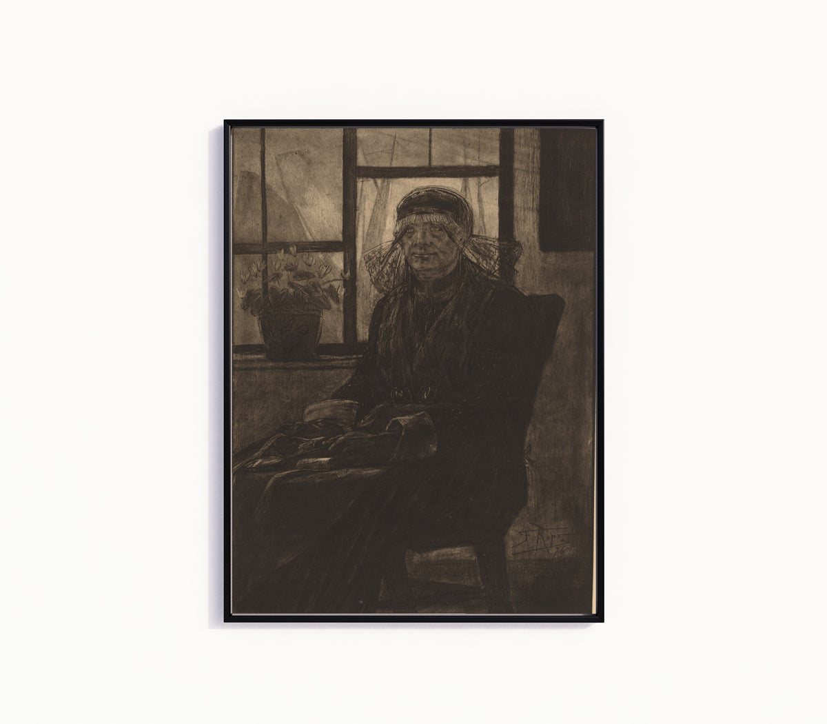Framed art print of Lace appraiser (L'Experte en Dentelles) by Félicien Rops, in a slim black frame on a plain white wall