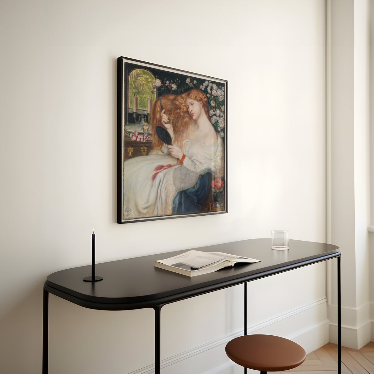 Lady Lilith by Dante Gabriel Rossetti — framed above a slim black console table
