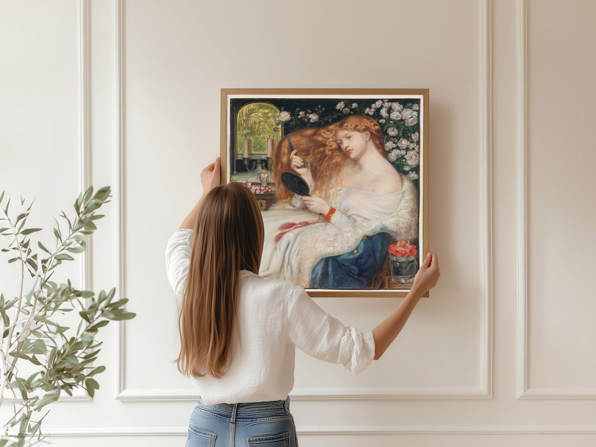Lady Lilith by Dante Gabriel Rossetti — being hung, framed, on a panelled wall