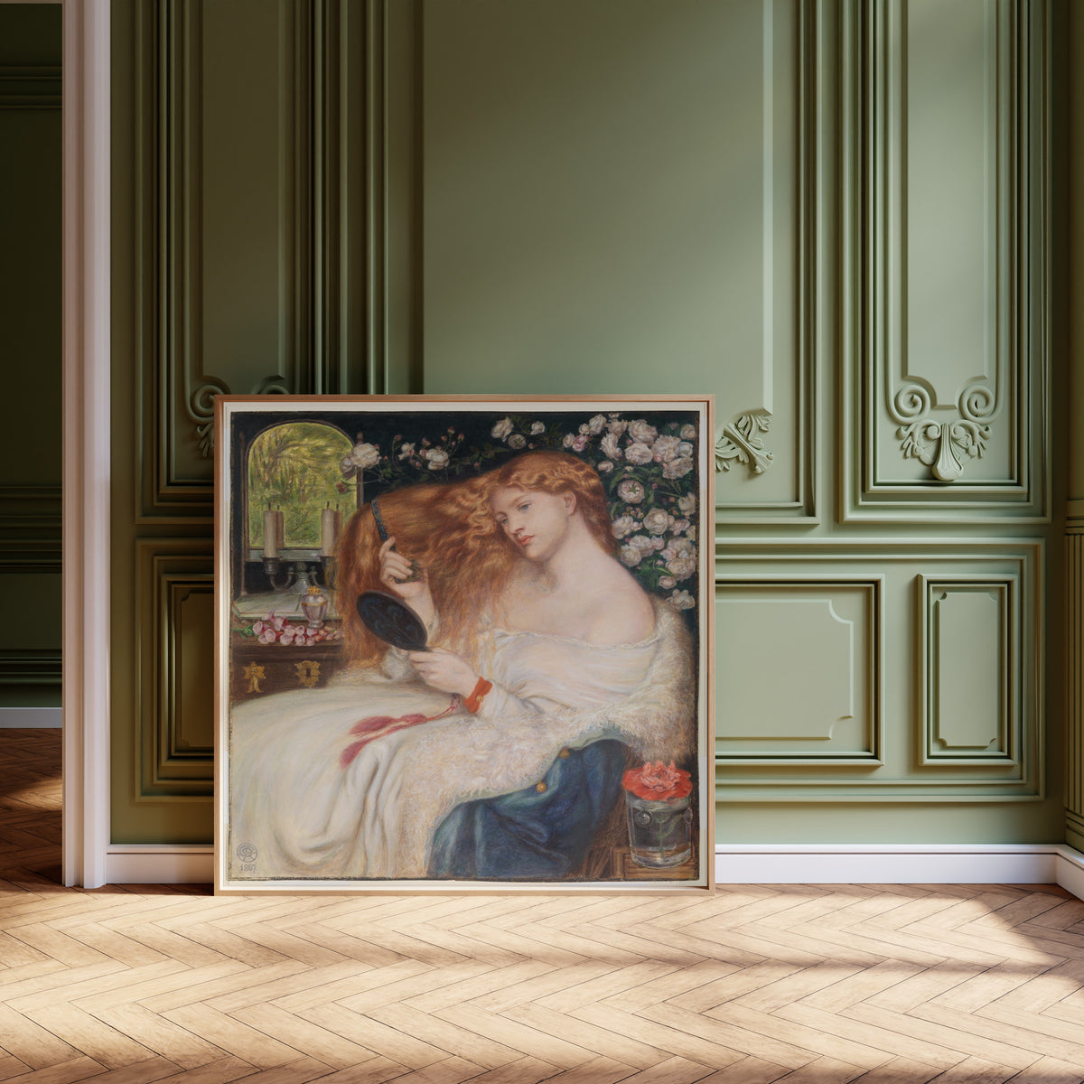 Lady Lilith by Dante Gabriel Rossetti — framed and leaning against olive-green panelling on a herringbone floor