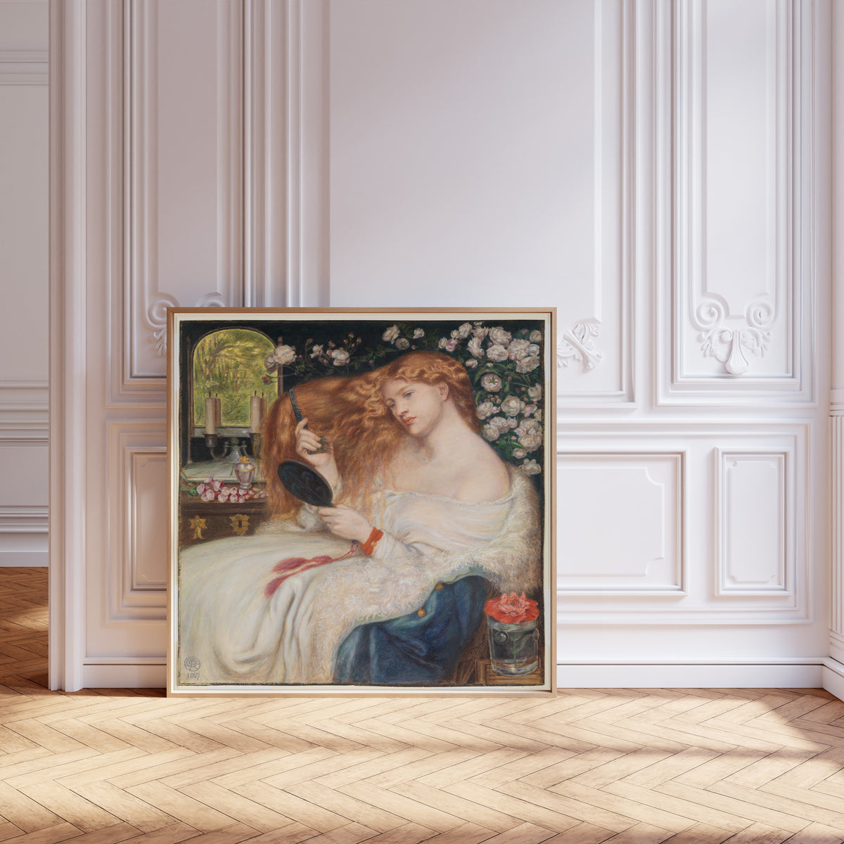 Lady Lilith by Dante Gabriel Rossetti — framed and leaning against pale pink panelling on a herringbone floor