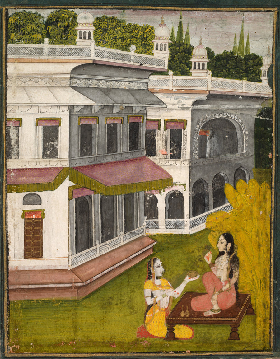 Kishangarh school — Lady and Her Confidante | Indian Miniature Painting Print shown to scale on a wall above a sofa