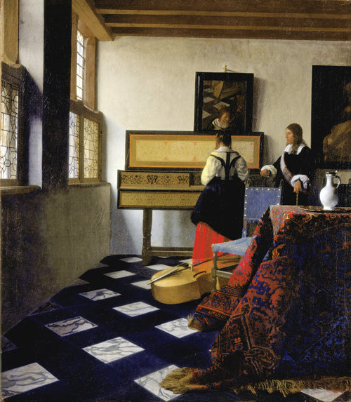 Lady at the Virginal with a Gentleman, ‘The Music Lesson’ by Johannes Vermeer — Light from a leaded window falls on a lesson at the virginal