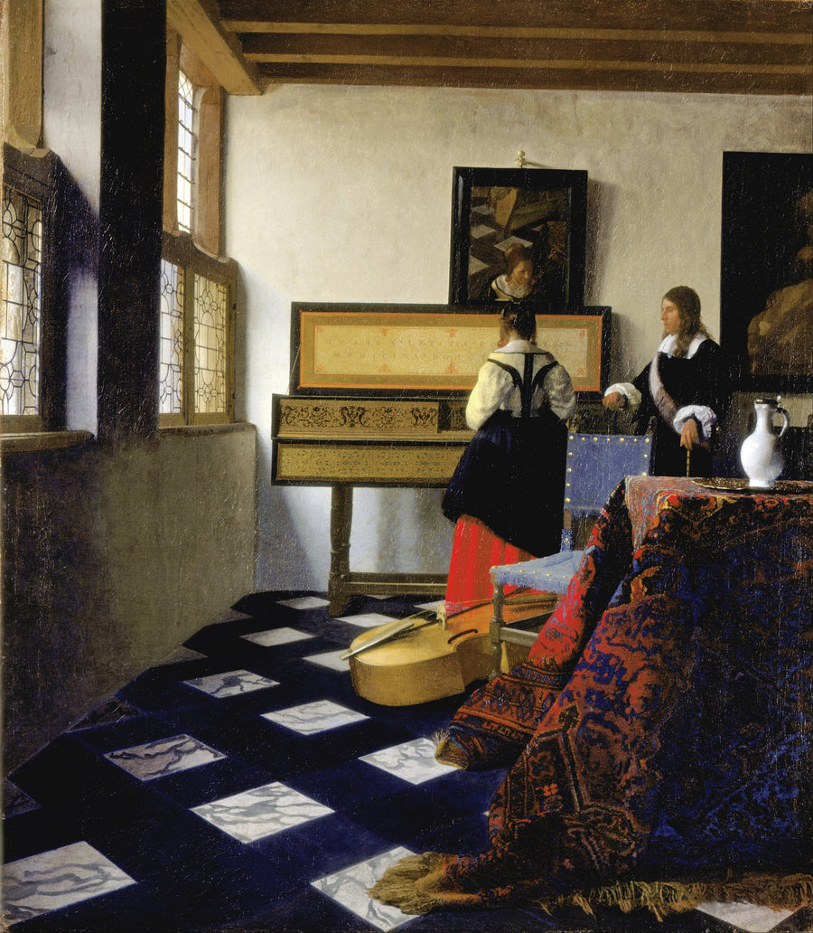 Johannes Vermeer — Lady at the Virginal with a Gentleman, ‘The Music Lesson’ | Fine Art Print shown to scale on a wall above a sofa