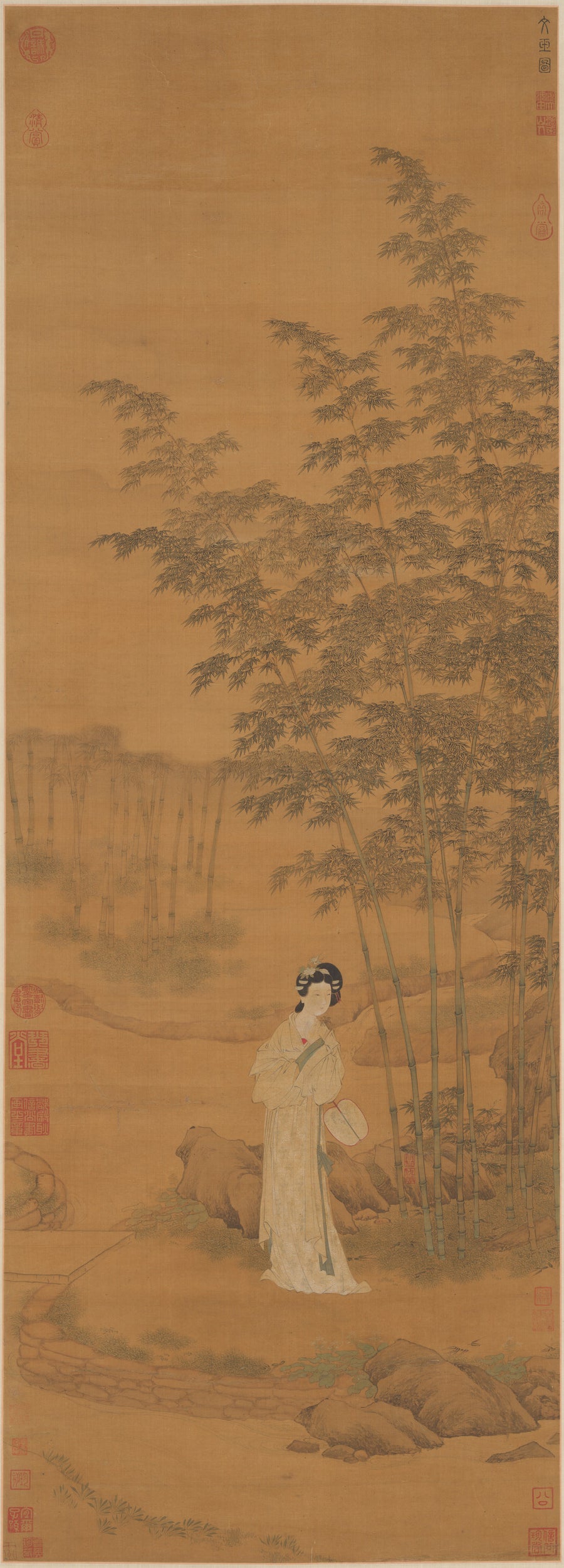 Qiu Ying (attributed) — Lady in a Bamboo Grove | Chinese Ink Painting Art Print shown to scale on a wall above a sofa