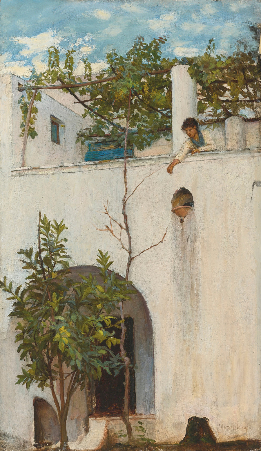 John William Waterhouse — Lady on a Balcony, Capri | Pre-Raphaelite Art Print shown to scale on a wall above a sofa