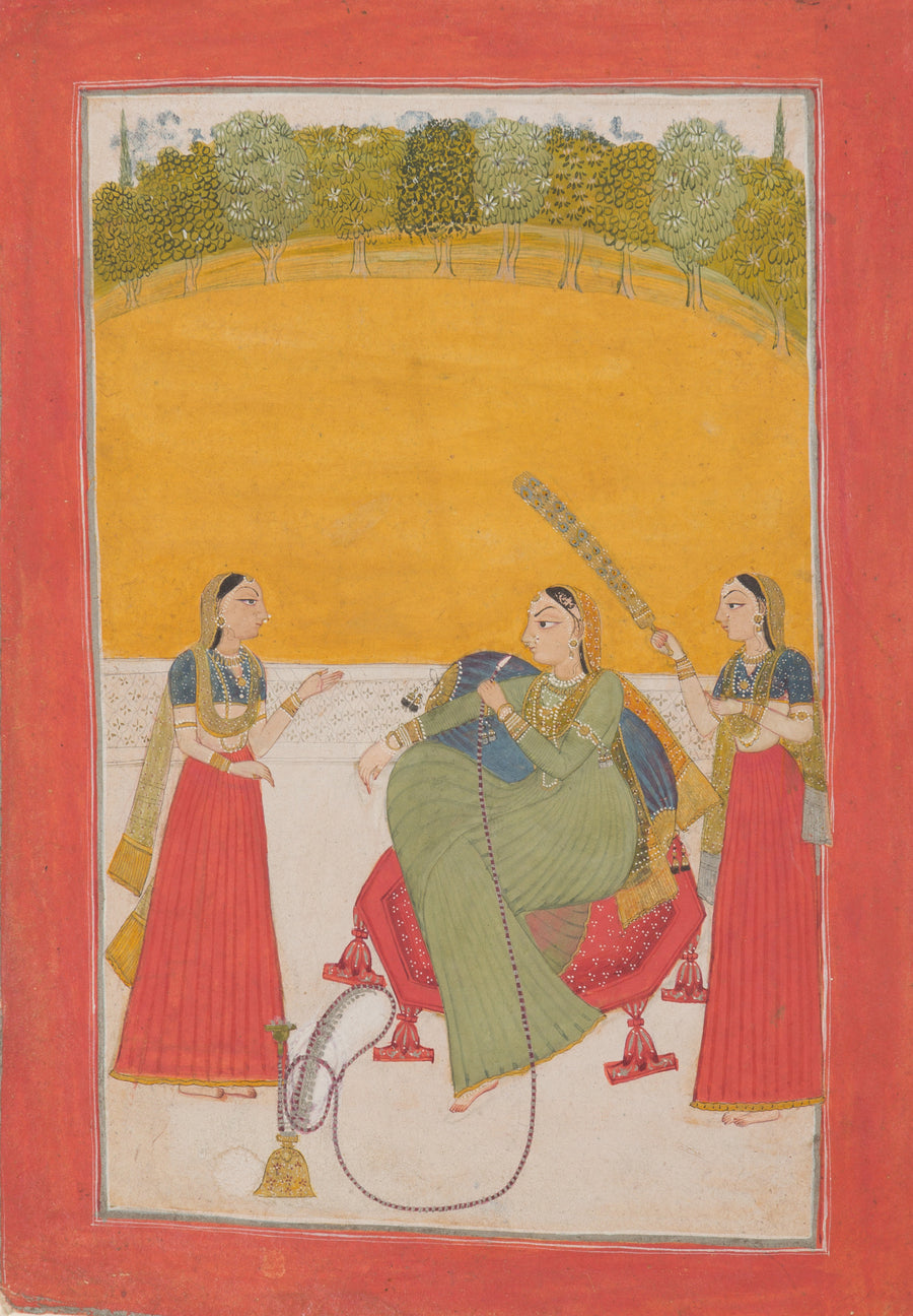 Chamba school — Lady on a Terrace | Indian Miniature Painting Print shown to scale on a wall above a sofa