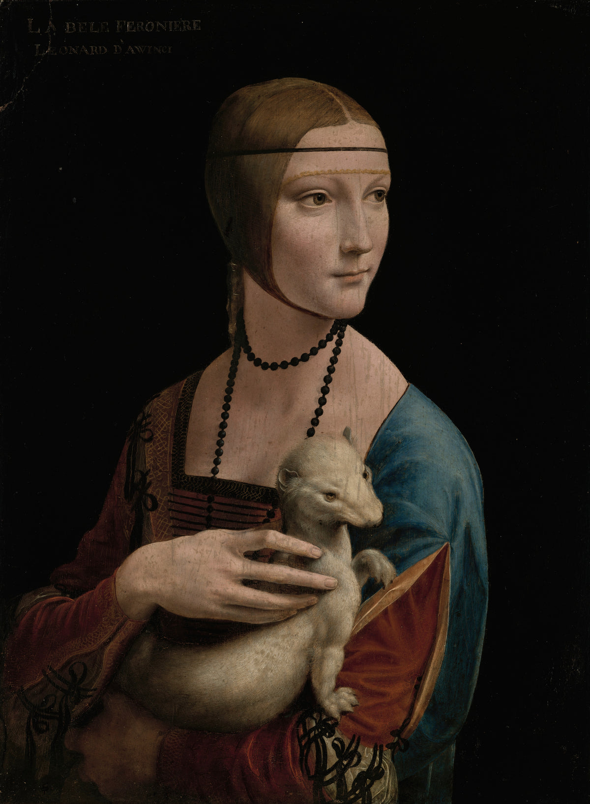 Lady with an Ermine – Portrait of Cecilia Gallerani by Leonardo da Vinci — A young woman turns her gaze aside, an ermine cradled in her arm