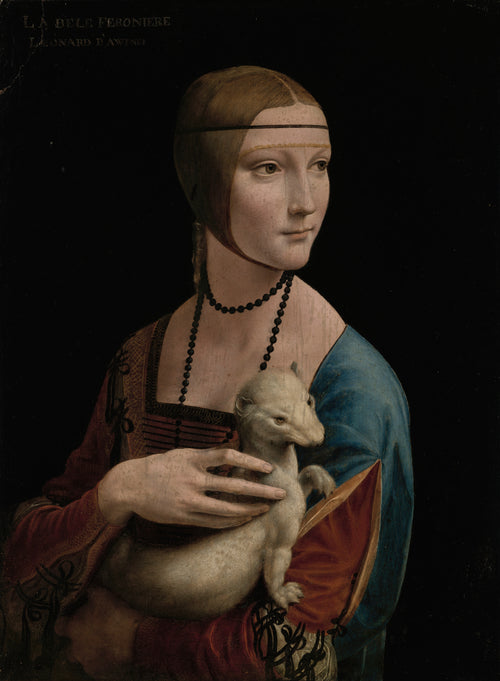Lady with an Ermine – Portrait of Cecilia Gallerani by Leonardo da Vinci — A young woman turns her gaze aside, an ermine cradled in her arm