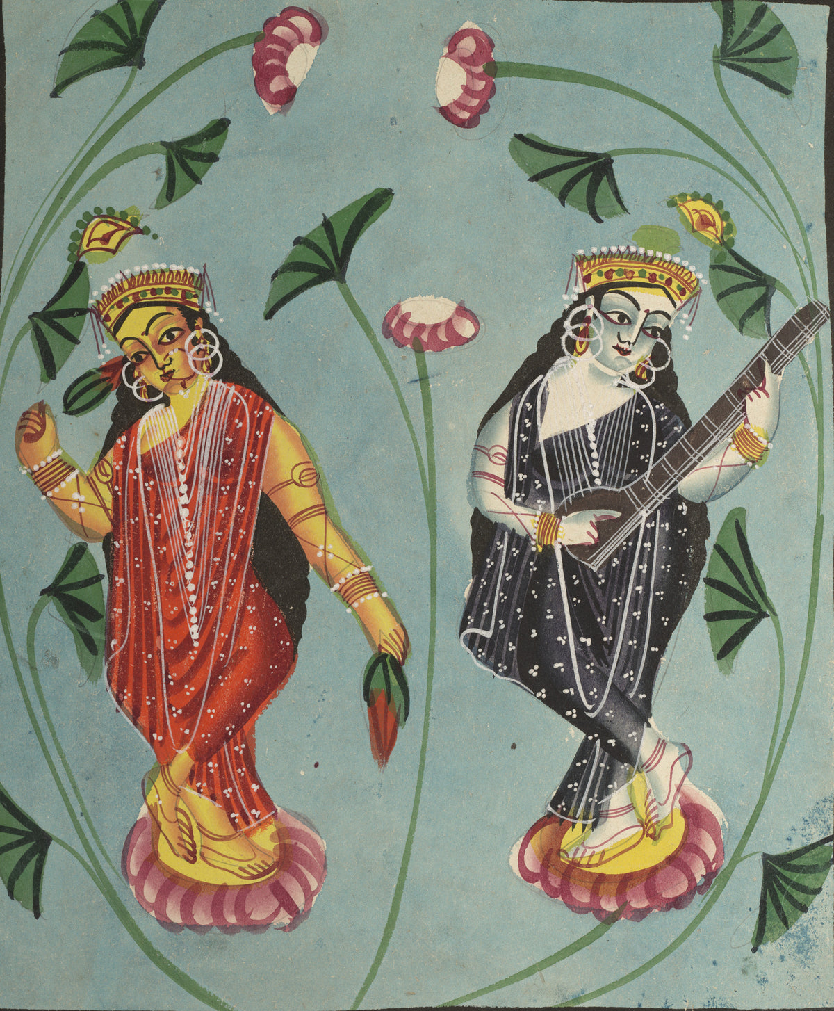 Kalighat painter — Lakshmi and Sarasvati | Kalighat Painting Print